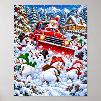 Poster Père Noël drôle Chasse-neige et bonhommes de neige