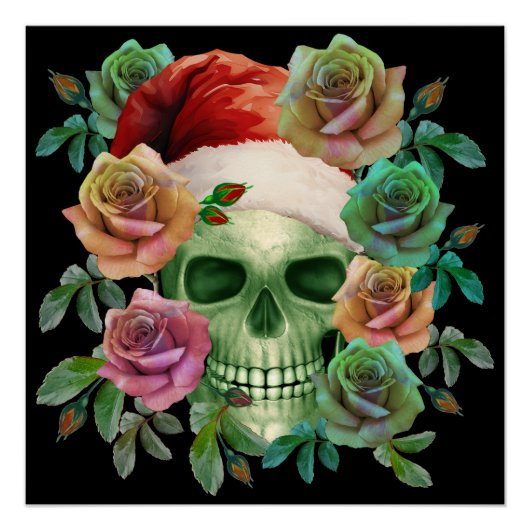 POSTER PÈRE NOËL DRÔLE CRÂNE VERT ET FLORAL NOËL (Devant)