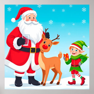 Poster Père Noël, Elfe et Reindeer dans un Noël festif