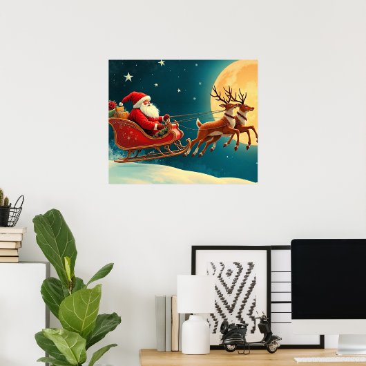 Poster Père Noël en traîneau avec rennes (Bureau à domicile)