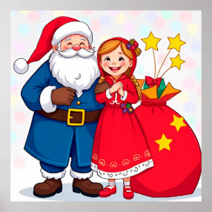 Poster Père Noël et fille avec un sac de cadeaux