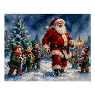Poster Père Noël et joyeux elfes de Noël,
