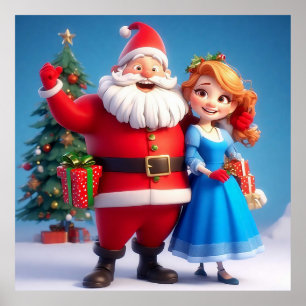 Poster Père Noël et la Fée des Neiges célébrant Noël