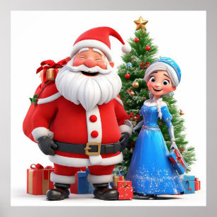 Poster Père Noël et la Fée des Neiges célébrant Noël