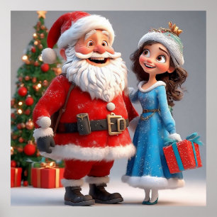 Poster Père Noël et la Fée des Neiges célébrant Noël