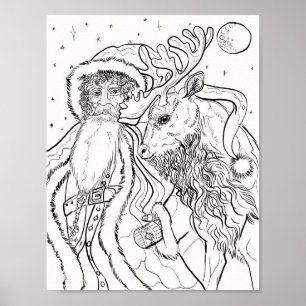 Poster Père Noël et le renne colorent votre propre Noël