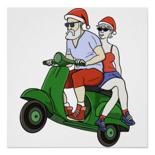 Poster Père Noël et Mme Claus chevauchant un scooter