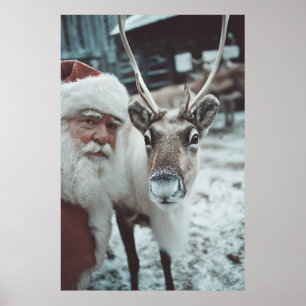 Poster Père Noël et Renne Magie d'Hiver