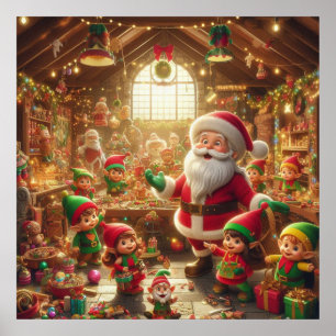 Poster Père Noël et ses Elfes dans l'Atelier de Noël sur 