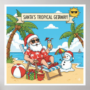 Poster Père Noël et Snowman à la plage