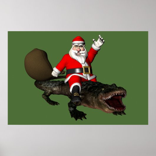 Poster Père Noël Festif Montant Un Alligator (Devant)