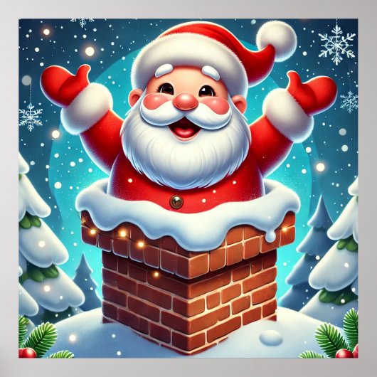Poster Père Noël festif sortant de la cheminée (Devant)
