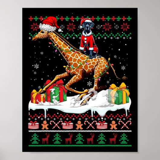 Poster Père Noël Great Dane Riding Giraffe Sweat de Noël (Devant)