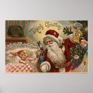Poster Père Noël Holding Doll, Dormir Girl