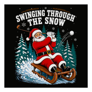 Poster Père Noël jouant au golf Joyeux Noël golfeur