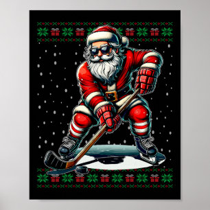 Poster Père Noël jouant au hockey pull moche de Noël
