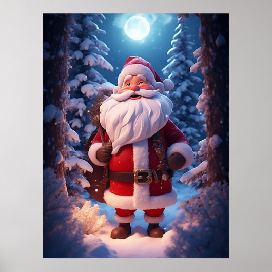 Poster Père Noël joyeux dans une forêt enneigée (Devant)