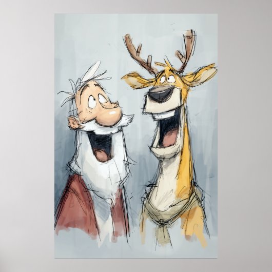 Poster Père Noël joyeux et rennes rient (Devant)