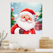 Poster Père Noël joyeux tenant un Sucre de canne (Cuisine)