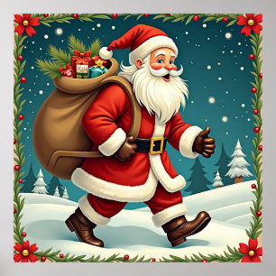 Poster Père Noël livrant des cadeaux à travers une forêt 