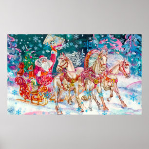 Poster Père Noël Magique Cheval Sleigh Neige Nuit de Noël