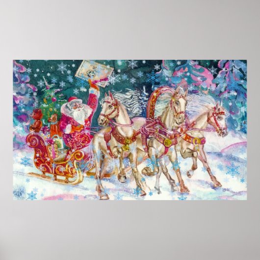 Poster Père Noël Magique Cheval Sleigh Neige Nuit de Noël (Devant)