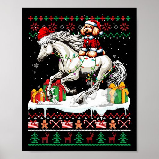 Poster Père Noël Poodle équitation Cheval de Noël Sweater (Devant)