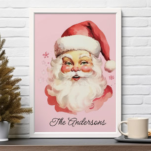 Poster Père Noël Rétro Vintage Rose Famille Noël