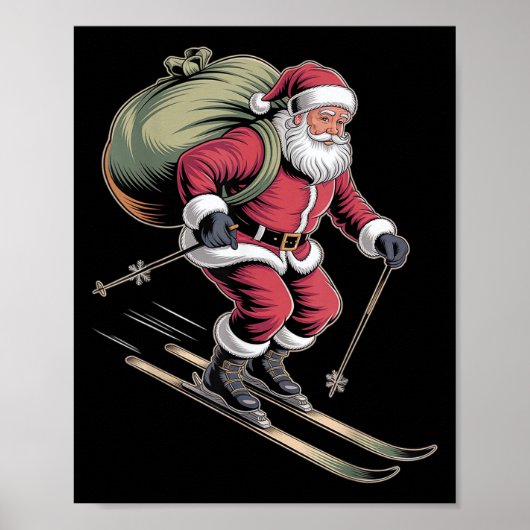 Poster Père Noël skiant des pentes enneigées (Devant)