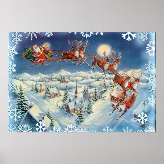 Poster PÈRE NOËL, SLEIGH & SNOWFLAKES par SHARON SHARPE (Devant)