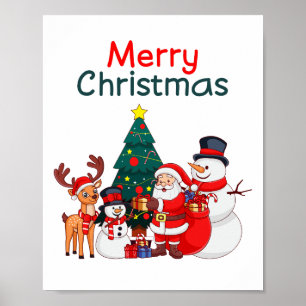 Poster Père Noël Snowman Reindeer fête Joyeux Noël