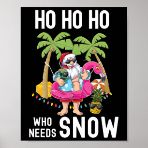 Poster Père Noël sur un palmier de Noël faisant du surf e