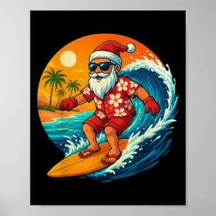 Poster Père Noël surfant Trocal Noël Vacances Hawaïen Be