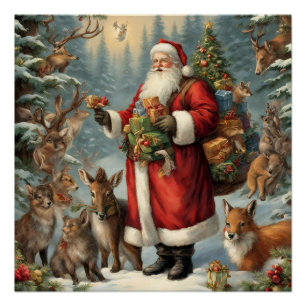 Poster Père Noël victorienne avec animaux présents et for