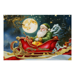 Poster Père Noël vintage à Sleigh, Pleine lune, Étoiles