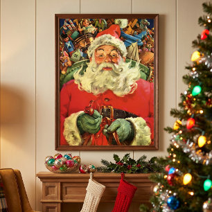 Poster Père Noël vintage de Noël dans un traîneau avec de