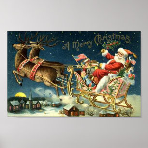 Poster Père Noël vintage et Sleigh