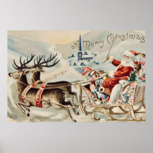 Poster Père Noël vintage traîneau de Noël rennes