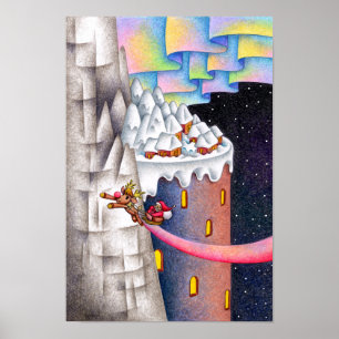 Poster Père Noël volant et campagne enneigée.