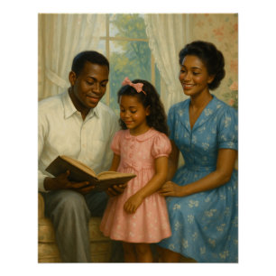 Poster Père passe du temps à lire à la fille et à la mère