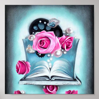 Poster Perles et Roses de livres ouverts