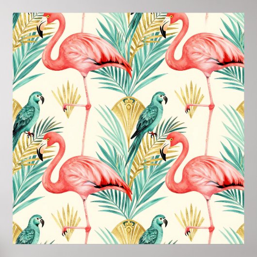 Poster Perroquet Flamant Tropical Jungle (Devant)
