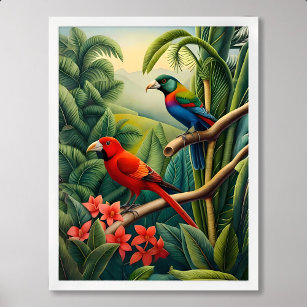 Poster perroquet peint rouge coloré exotique tropical