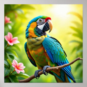 Poster Perroquet tropical aux fleurs