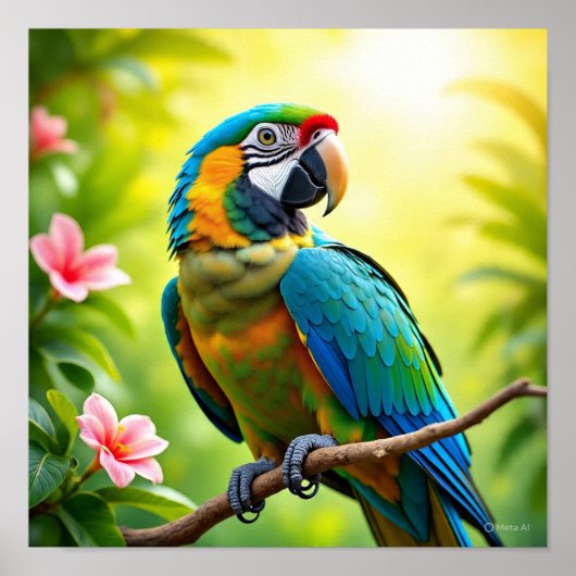 Poster Perroquet tropical aux fleurs (Devant)