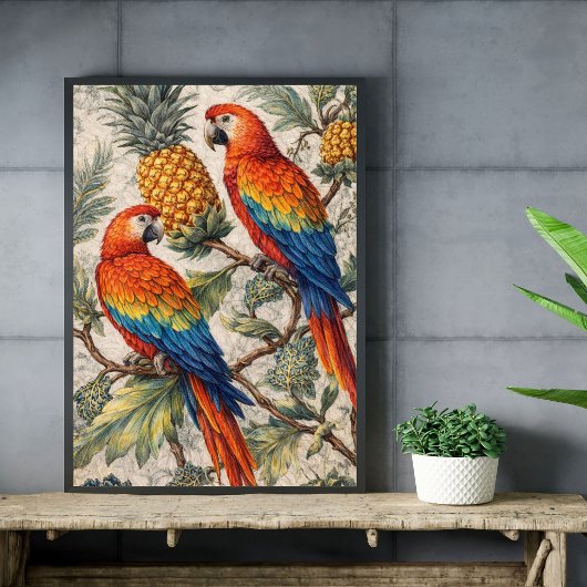 Poster Perroquets aras colorés avec des ananas