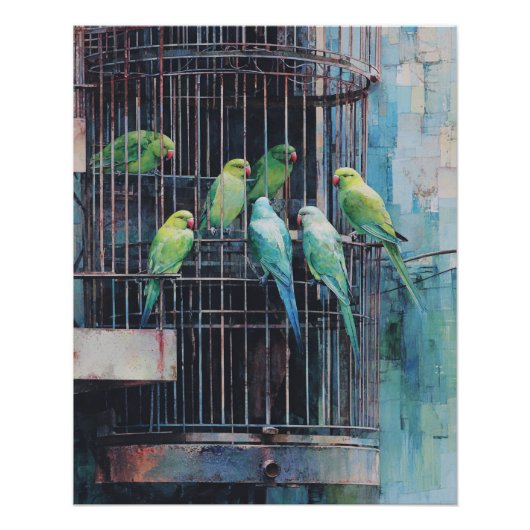 Poster Perroquets Bleus Verts Tropicaux Art de Cage Rusti (Devant)
