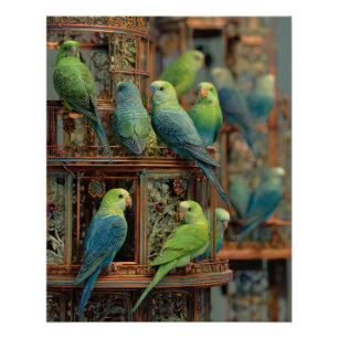 Poster Perroquets Bleus Verts Vibrants Art de Perchoir Ex