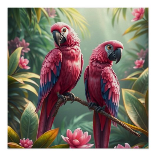 Poster Perroquets Fantaisie Rose (Devant)