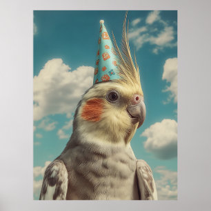 Poster Perruche calopsitte avec chapeau d'anniversaire su